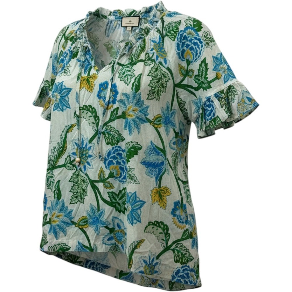 TuckerNuck Blue Green Floral Cotton Ruffle Tie Neck Blouse Top Large